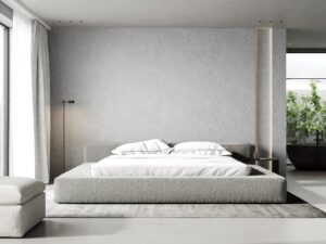 Grey contemporary luxury modern bedroom with big window, concrete wall and a carpet, 3d rendering
